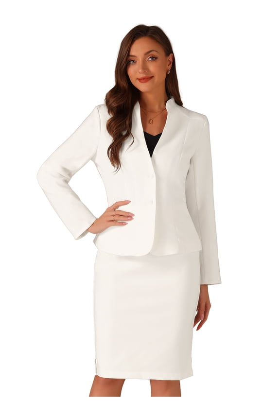 Women's Collarless Blazer Formal 2pcs Skirt Suit Sets S White