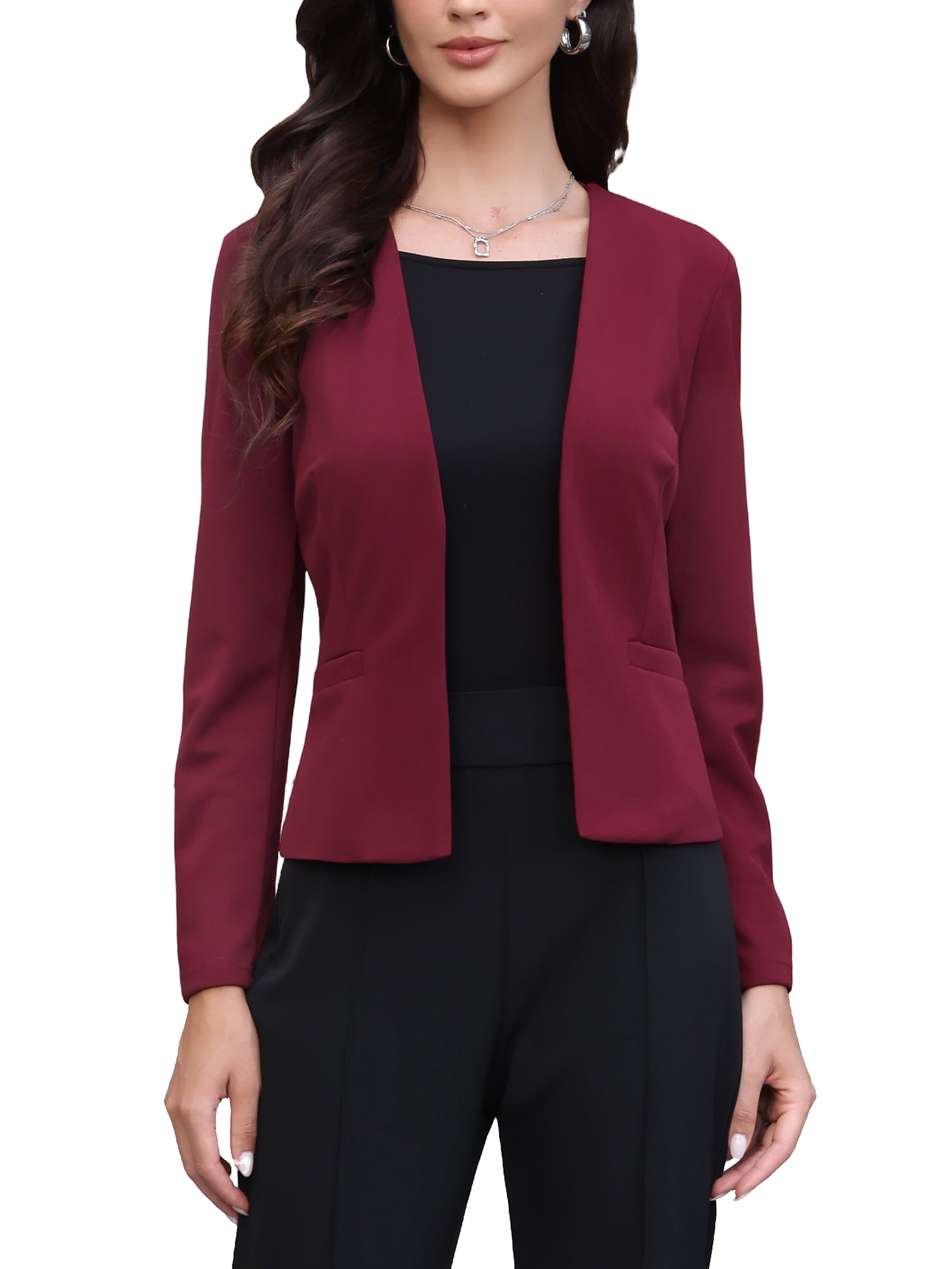 DARING DIVA Women's Collarless Business Outfits Open Front Suit Blazer S Burgundy
