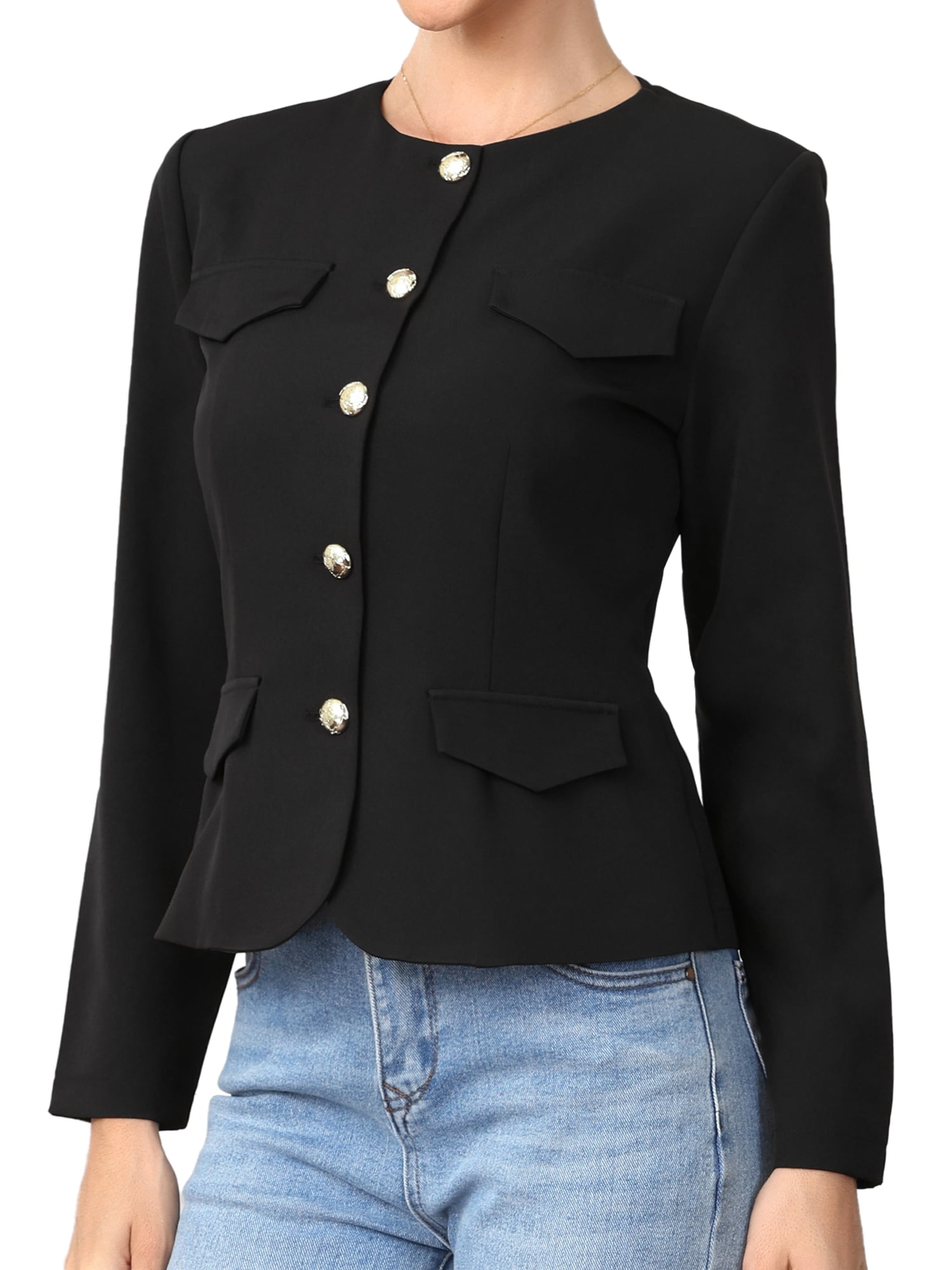 DARING DIVA Women's Collarless Button Down Long Sleeve Blazer Jacket XS Black