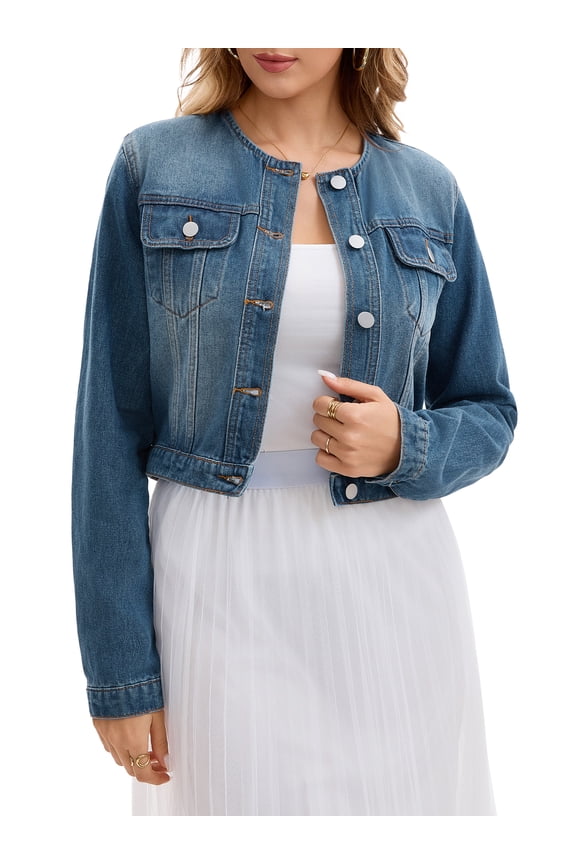 Women's Collarless Button Down Long Sleeve Denim Jacket 2XL Blue