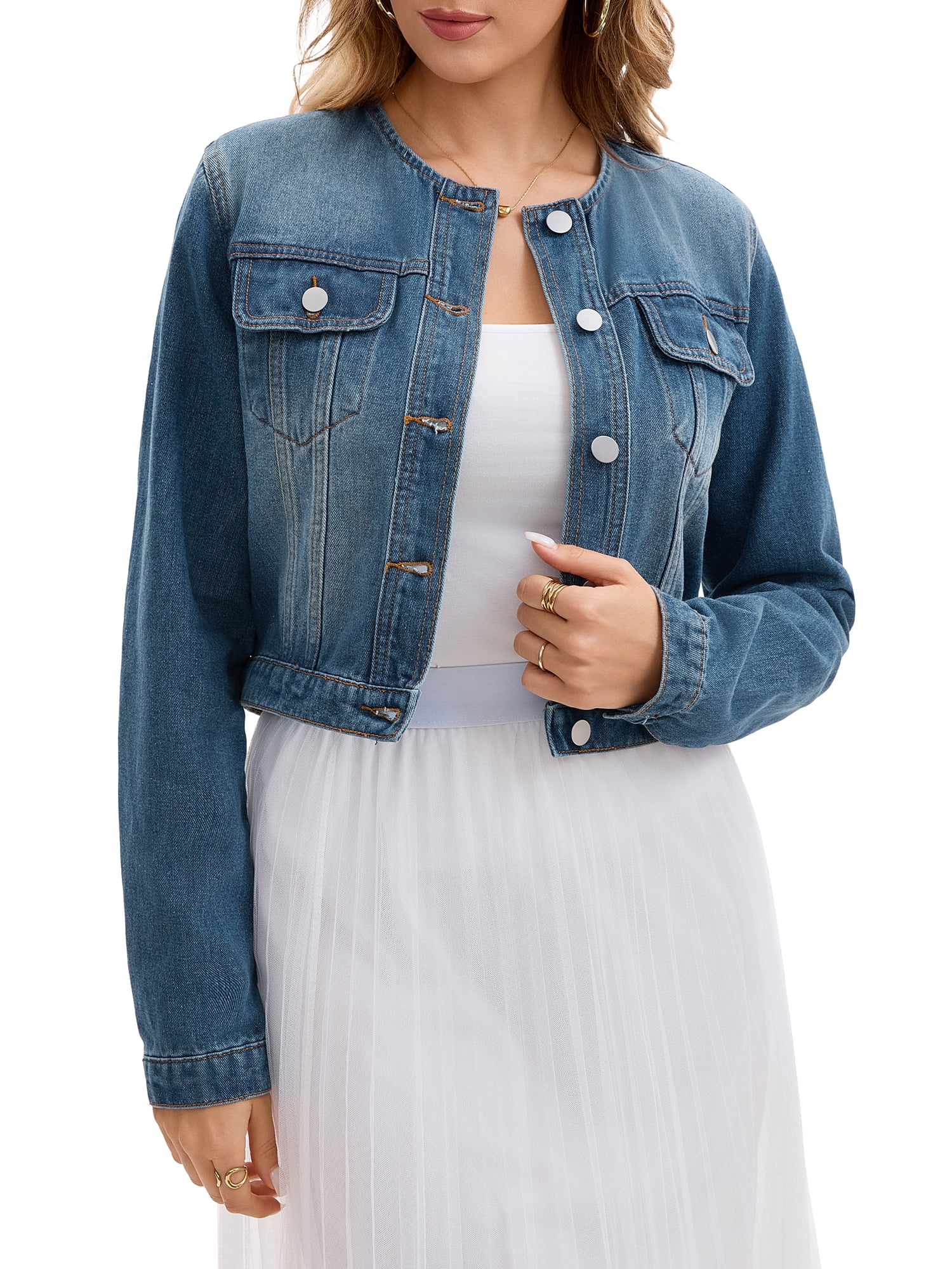 DARING DIVA Women's Collarless Button Down Long Sleeve Denim Jacket L Blue