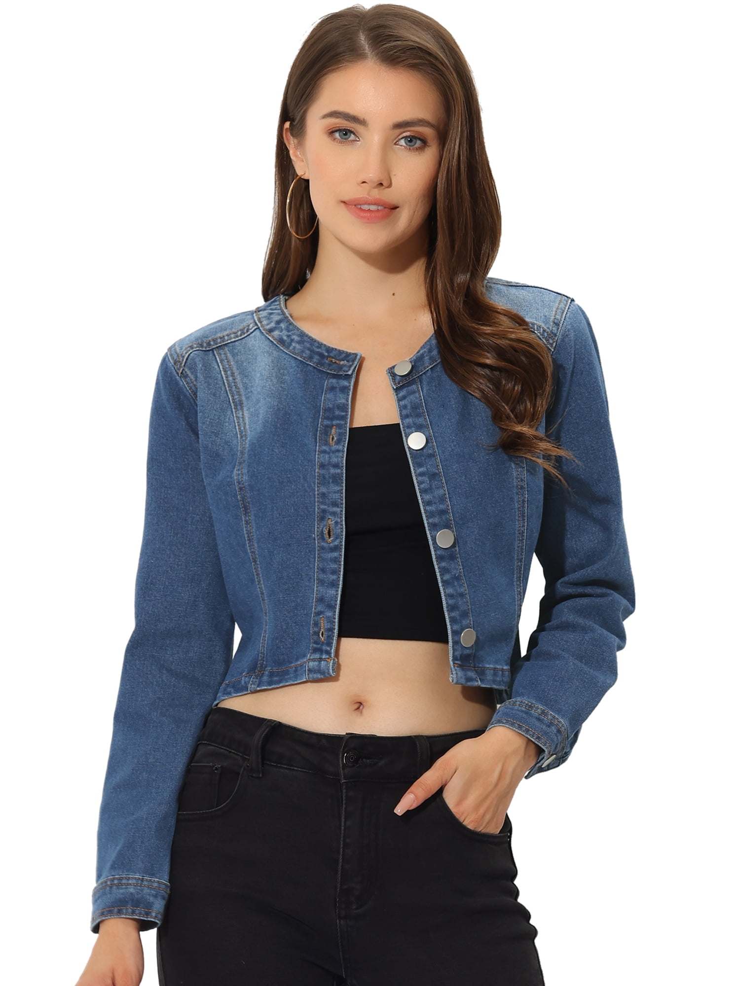 DARING DIVA Women's Collarless Button Down Long Sleeve Denim Jacket L Blue