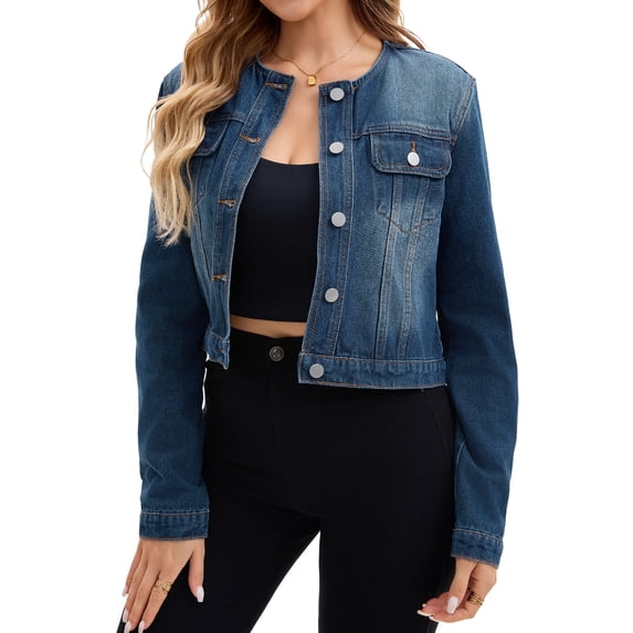 DARING DIVA Women's Collarless Button Down Long Sleeve Denim Jacket L Dark Blue