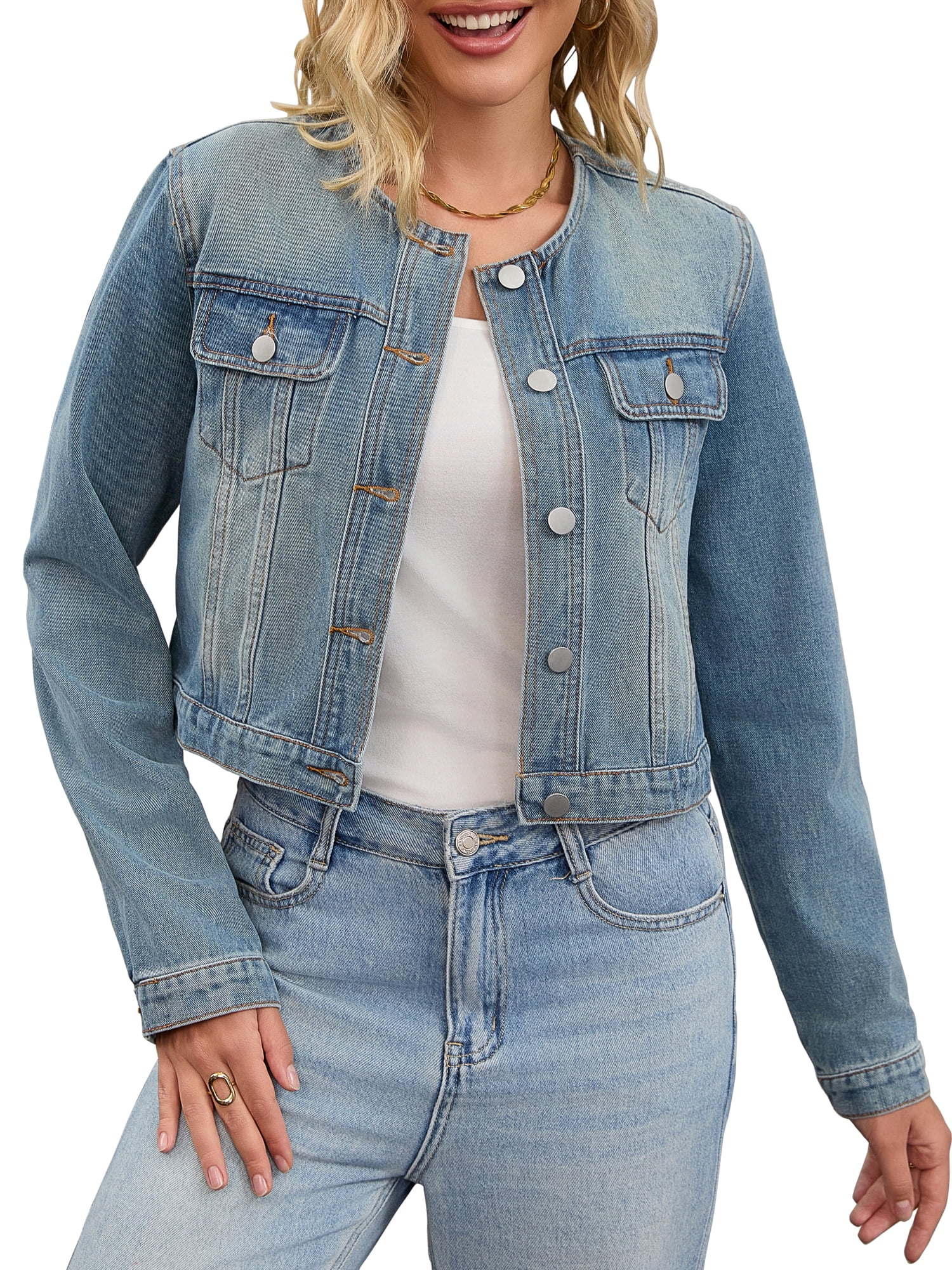 DARING DIVA Women's Collarless Button Down Long Sleeve Denim Jacket L Vintage Blue