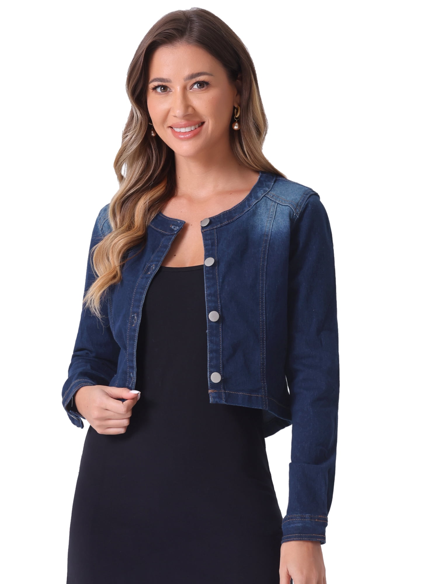 DARING DIVA Women's Collarless Button Down Long Sleeve Denim Jacket S Black Blue