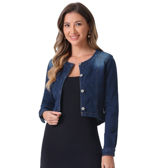 DARING DIVA Women's Collarless Button Down Long Sleeve Denim Jacket S Black Blue
