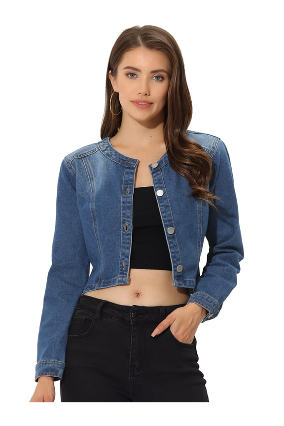 Women's Collarless Button Down Long Sleeve Denim Jacket S Blue