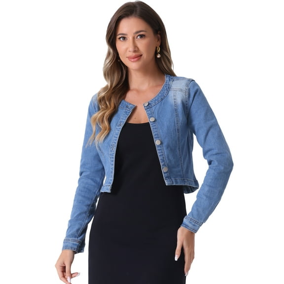 DARING DIVA Women's Collarless Button Down Long Sleeve Denim Jacket S Light Blue