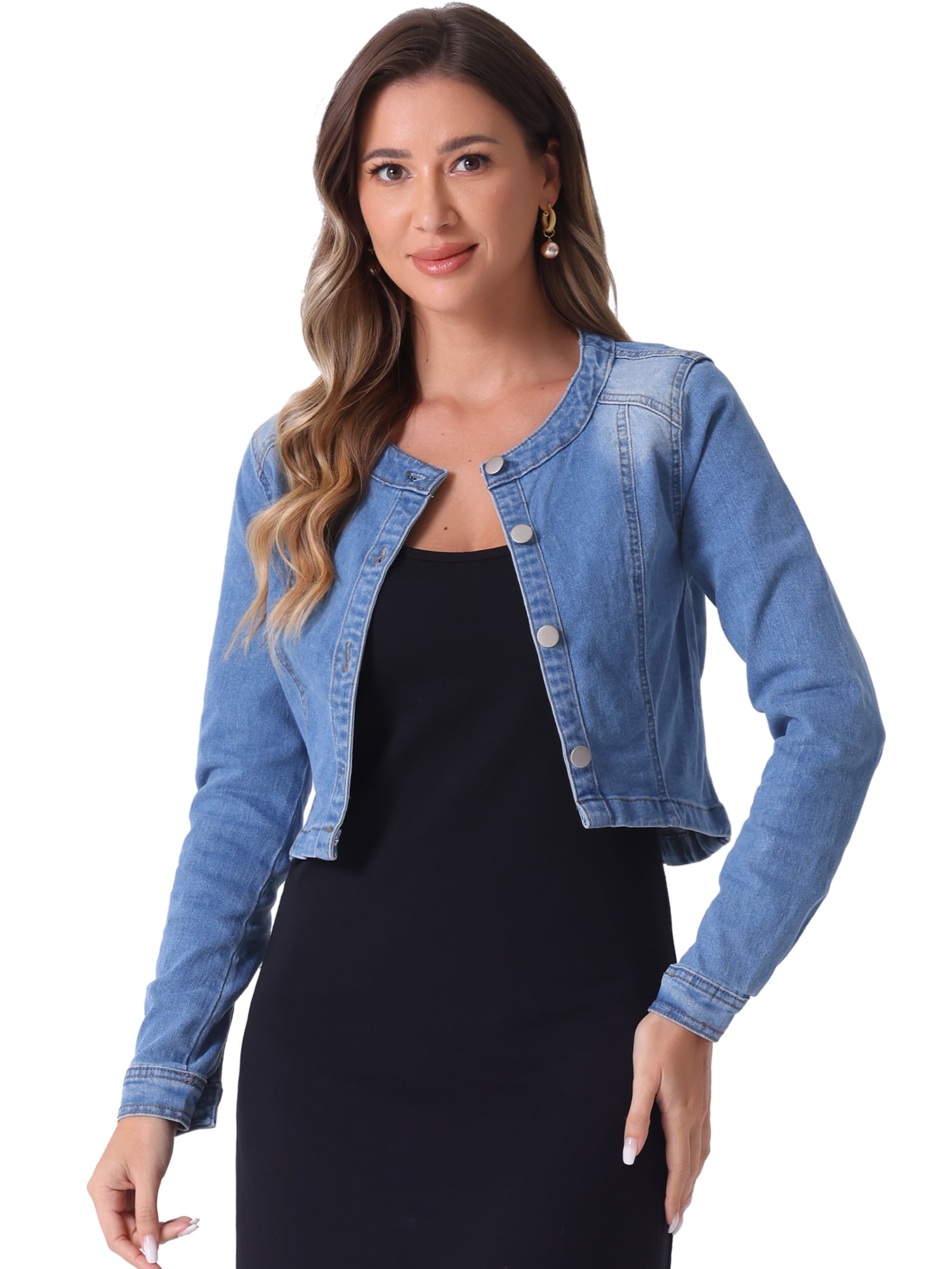 DARING DIVA Women's Collarless Button Down Long Sleeve Denim Jacket XL Light Blue