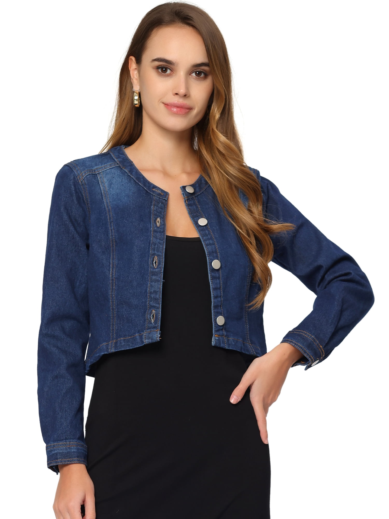 DARING DIVA Women's Collarless Button Down Long Sleeve Denim Jacket XS Dark Blue
