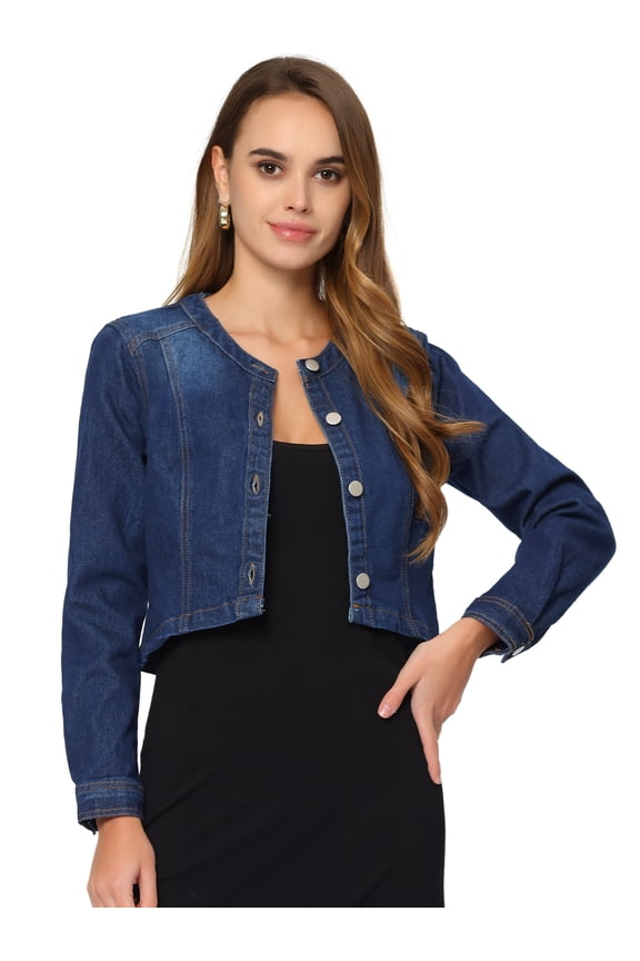 Women's Collarless Button Down Long Sleeve Denim Jacket XS Dark Blue