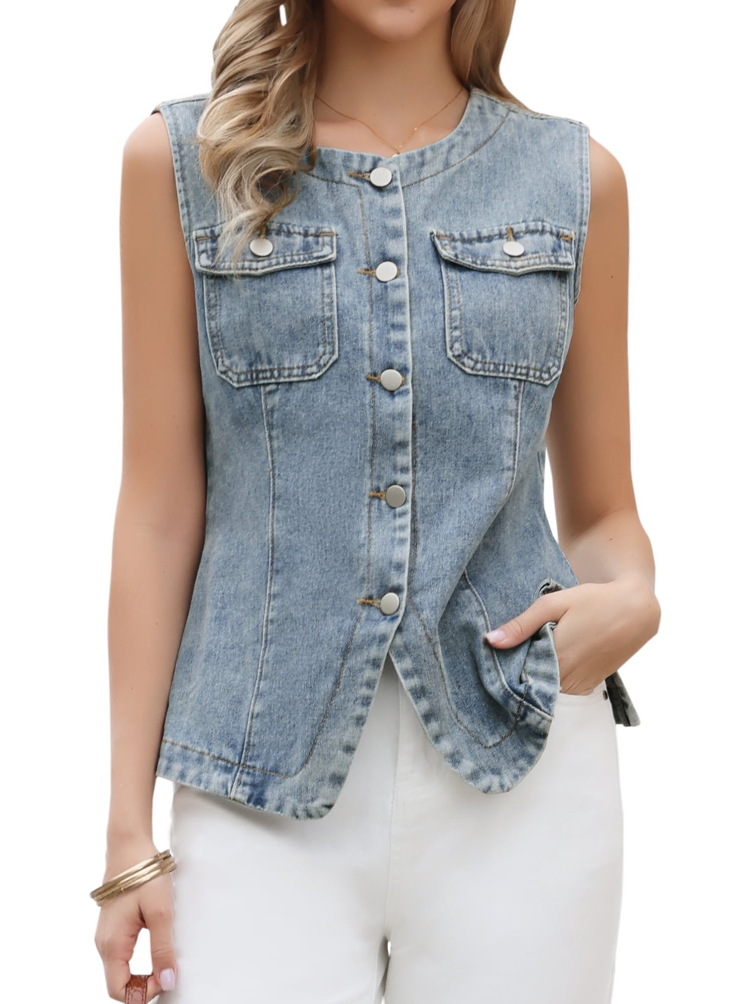 DARING DIVA Women's Collarless Button Down Sleeveless Denim Vest Top S Gray Blue
