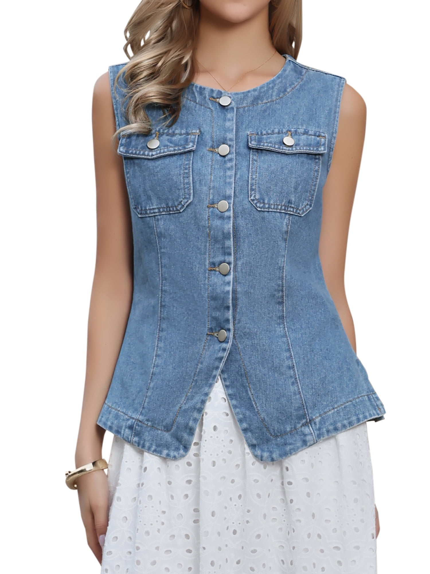 DARING DIVA Women's Collarless Button Down Sleeveless Denim Vest Top XS Blue