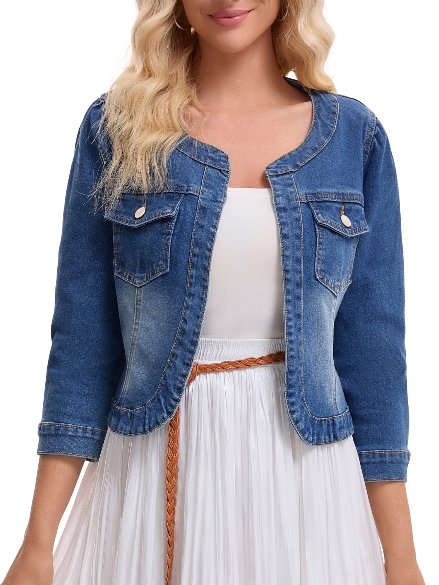 DARING DIVA Women's Collarless Cardigan 3/4 Sleeve Jean Jacket M Blue