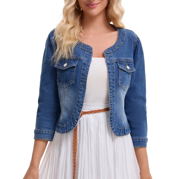 DARING DIVA Women's Collarless Cardigan 3/4 Sleeve Jean Jacket S Blue