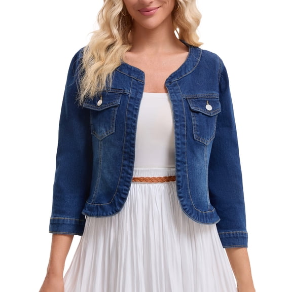 DARING DIVA Women's Collarless Cardigan 3/4 Sleeve Jean Jacket S Dark Blue