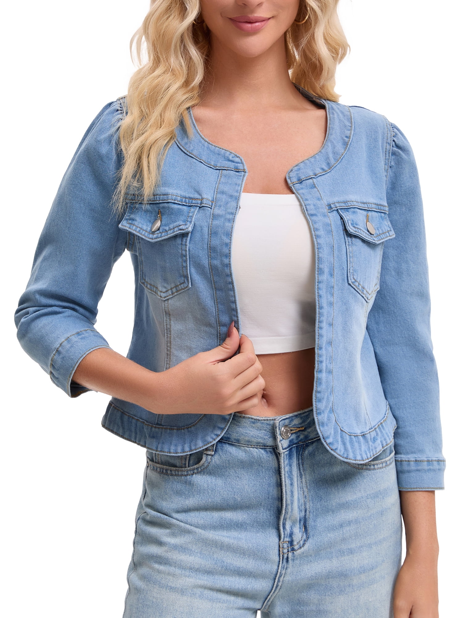 DARING DIVA Women's Collarless Cardigan 3/4 Sleeve Jean Jacket S Light Blue