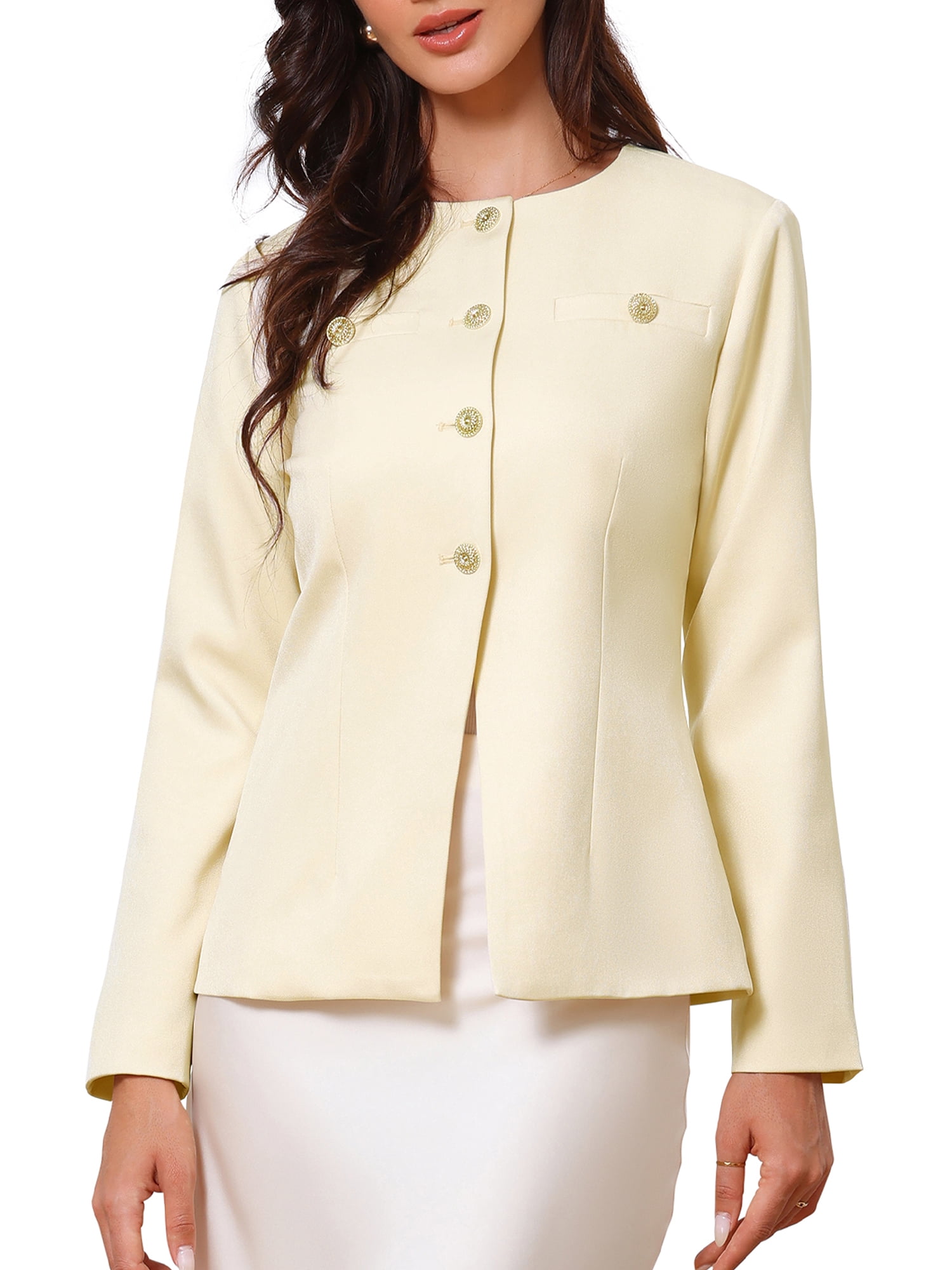 DARING DIVA Women's Collarless Long Sleeve Business Jacket Office Suit S Beige
