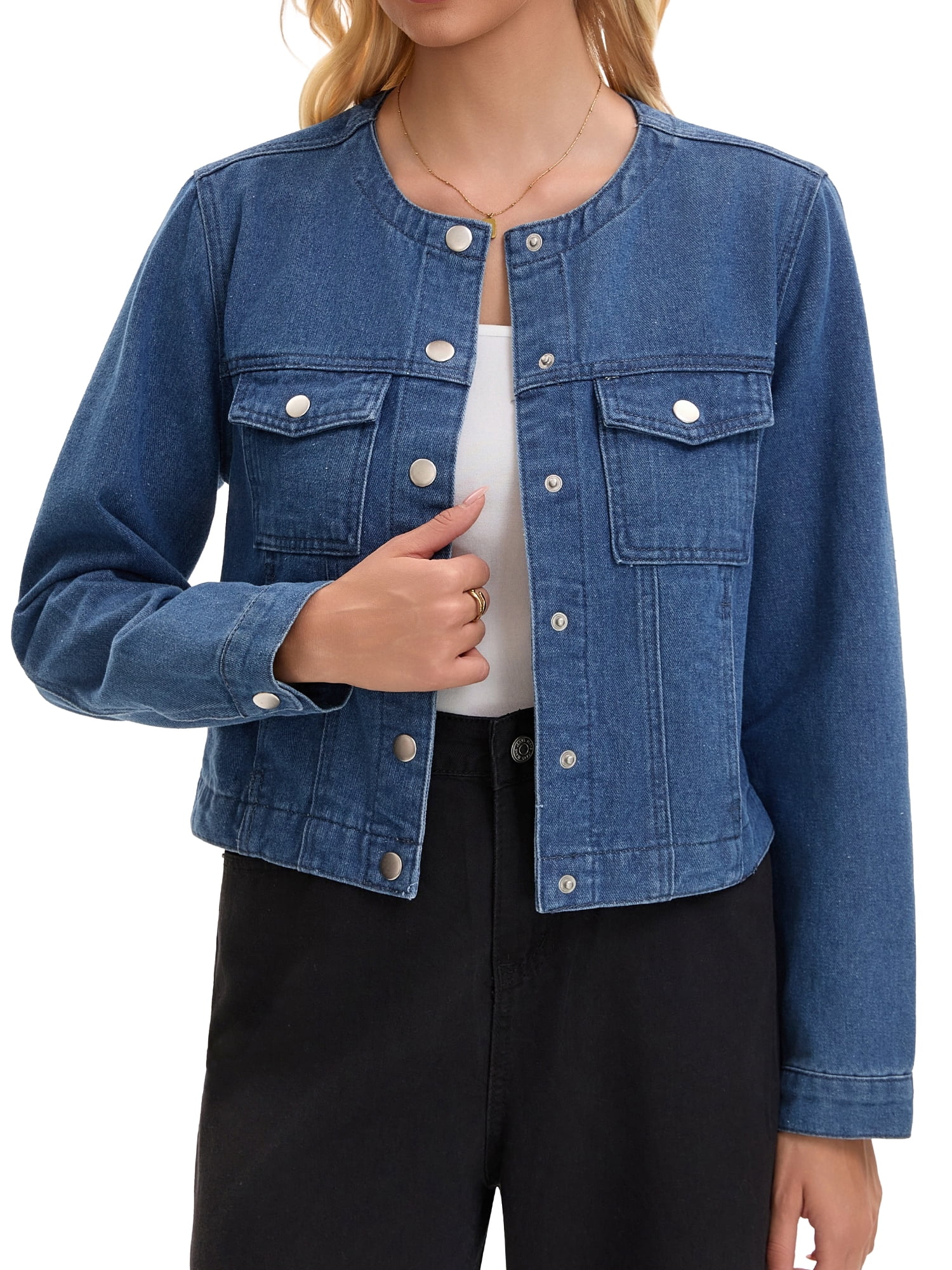 DARING DIVA Women's Collarless Long Sleeve Button Down Casual Denim Jacket L Blue