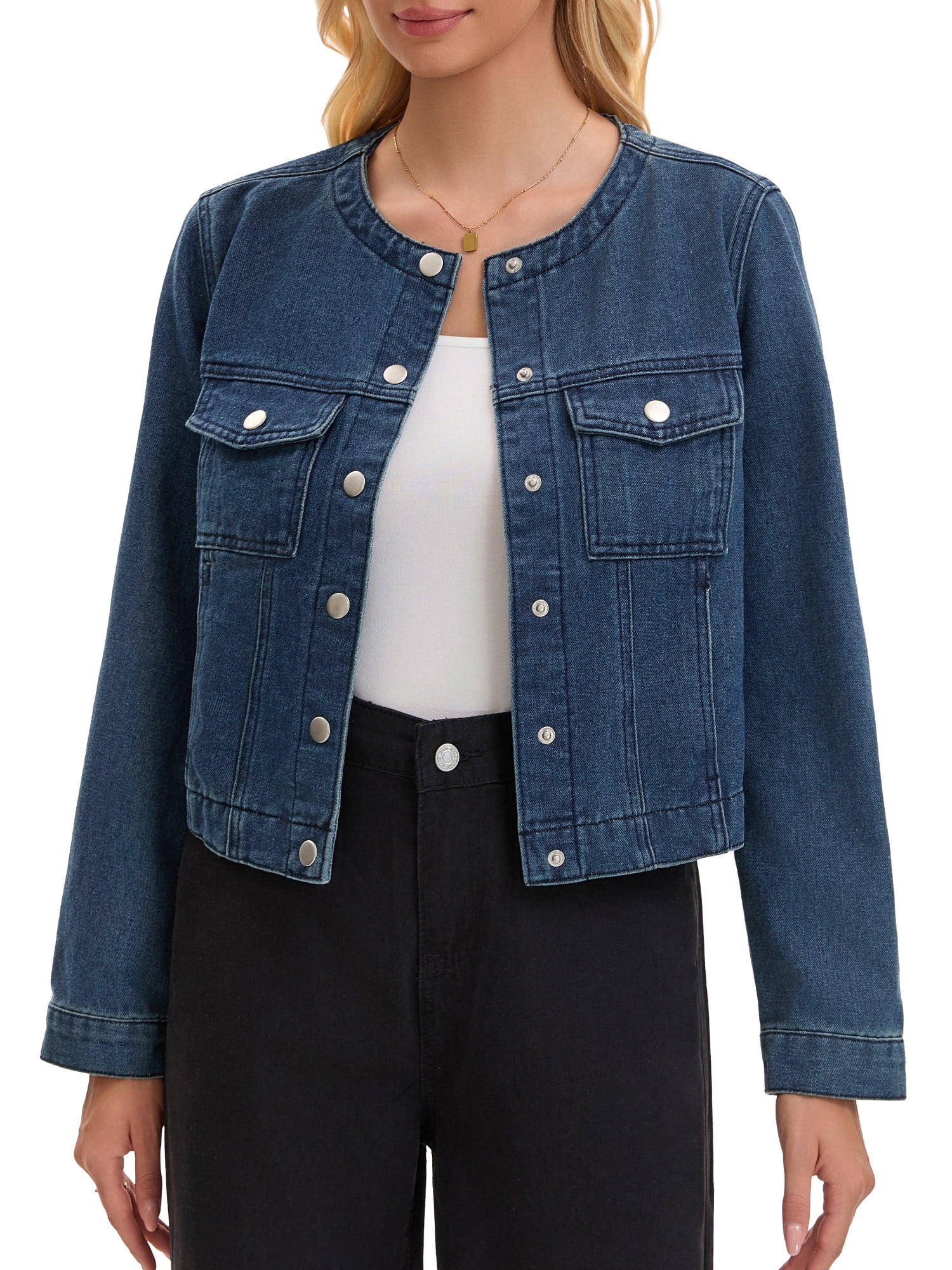 DARING DIVA Women's Collarless Long Sleeve Button Down Casual Denim Jacket S Dark Blue