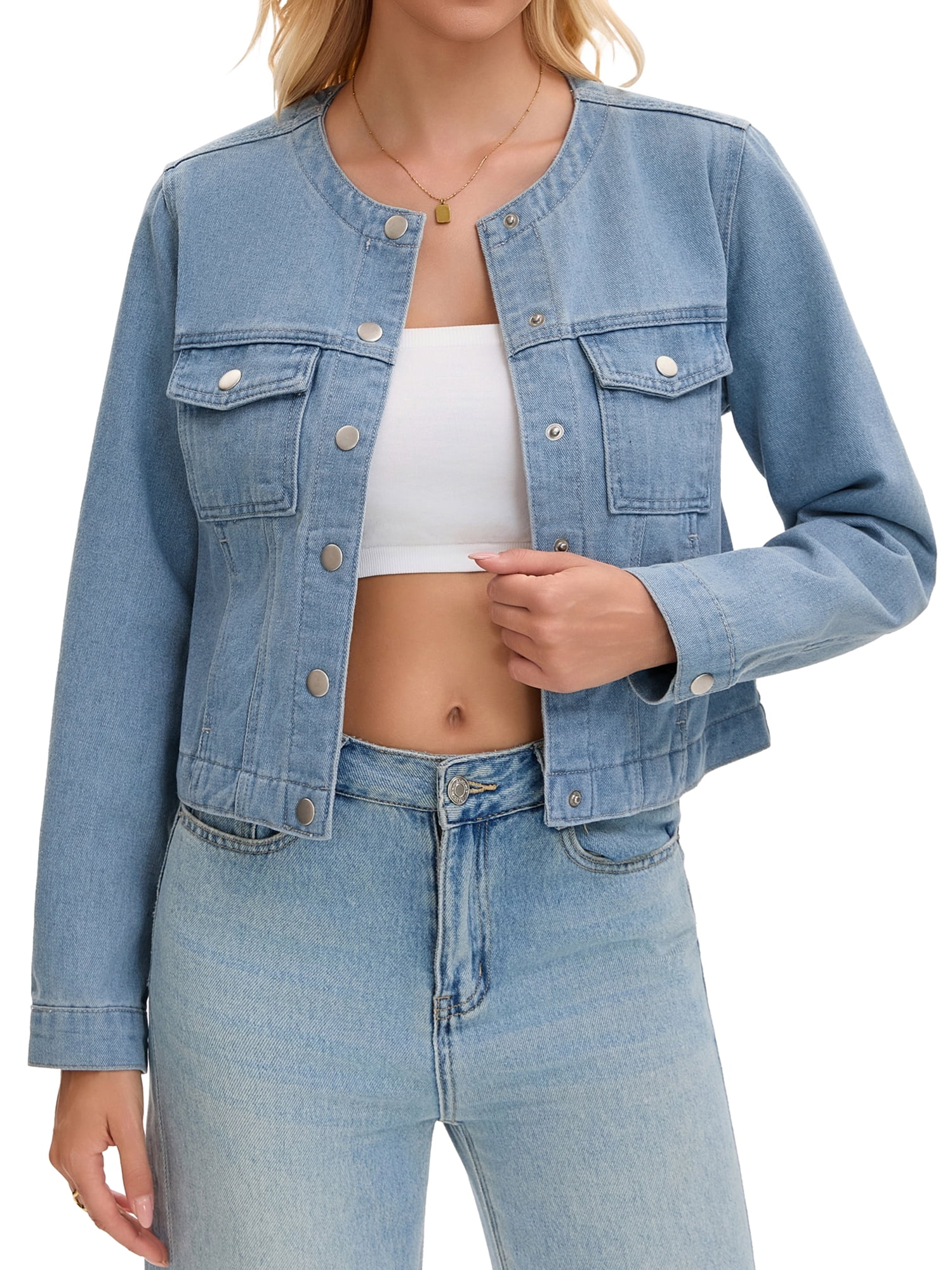 DARING DIVA Women's Collarless Long Sleeve Button Down Casual Denim Jacket S Light Blue