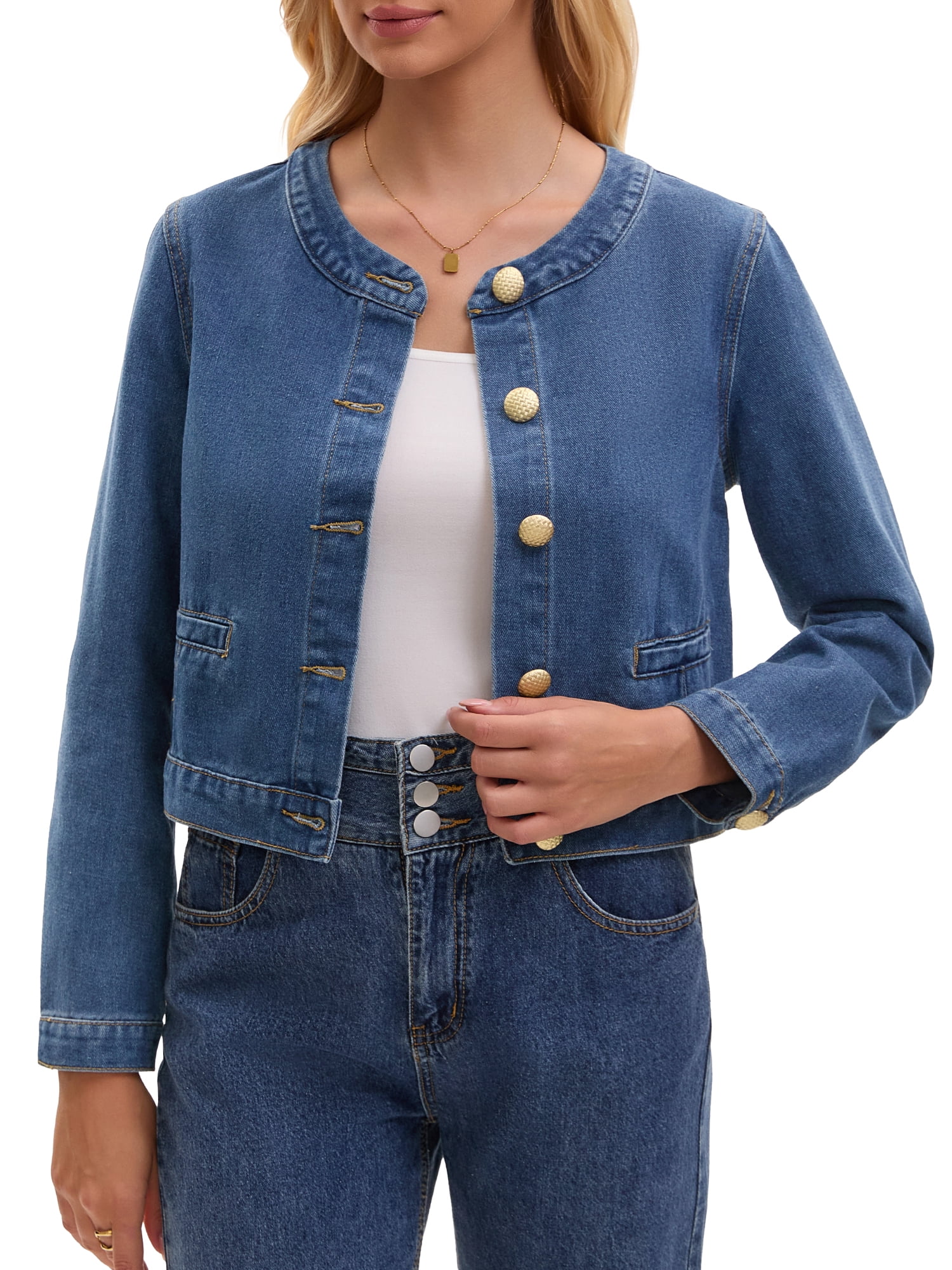 DARING DIVA Women's Collarless Long Sleeve Button Down Jean Jacket M Blue