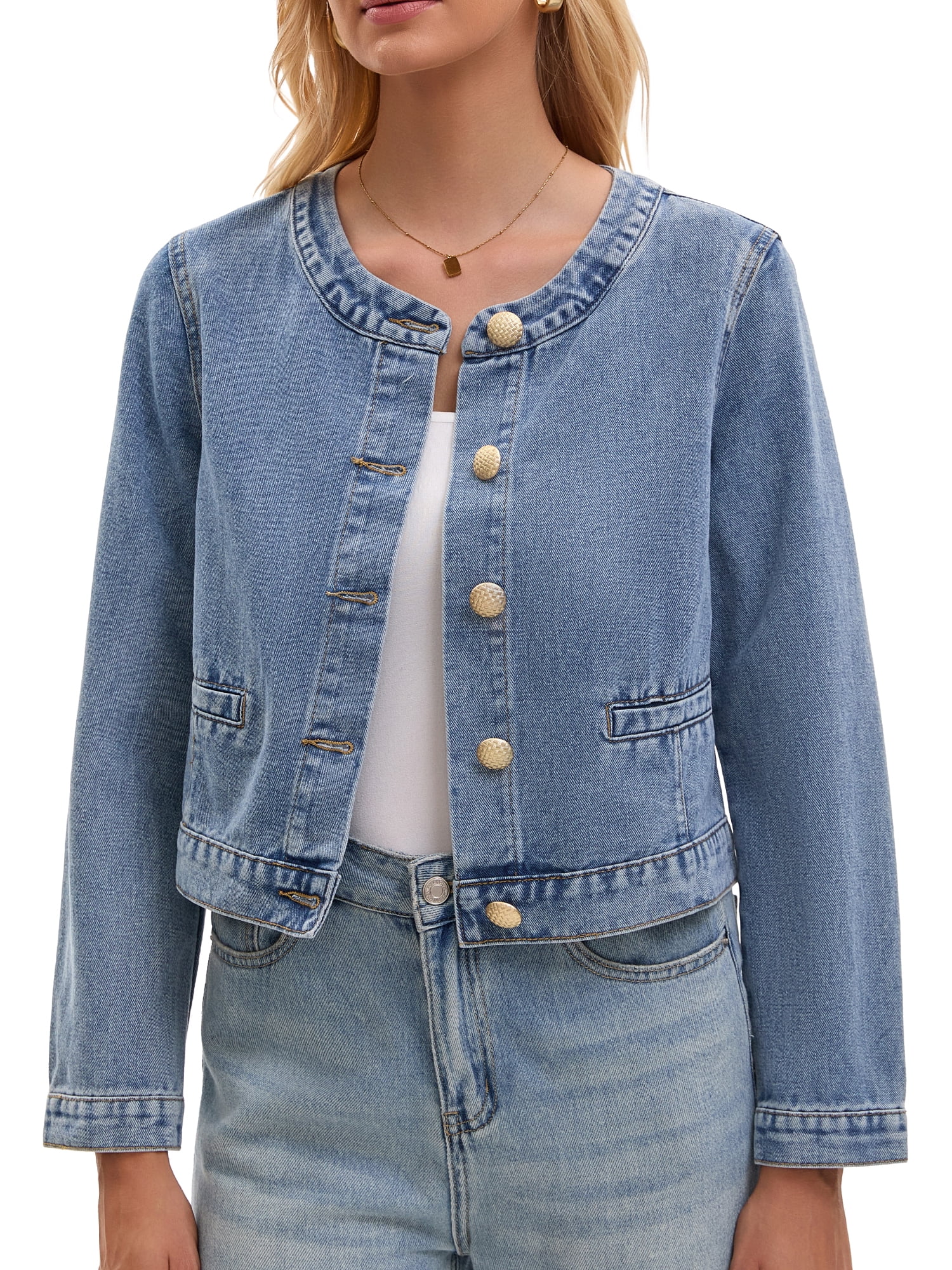DARING DIVA Women's Collarless Long Sleeve Button Down Jean Jacket M Sky Blue