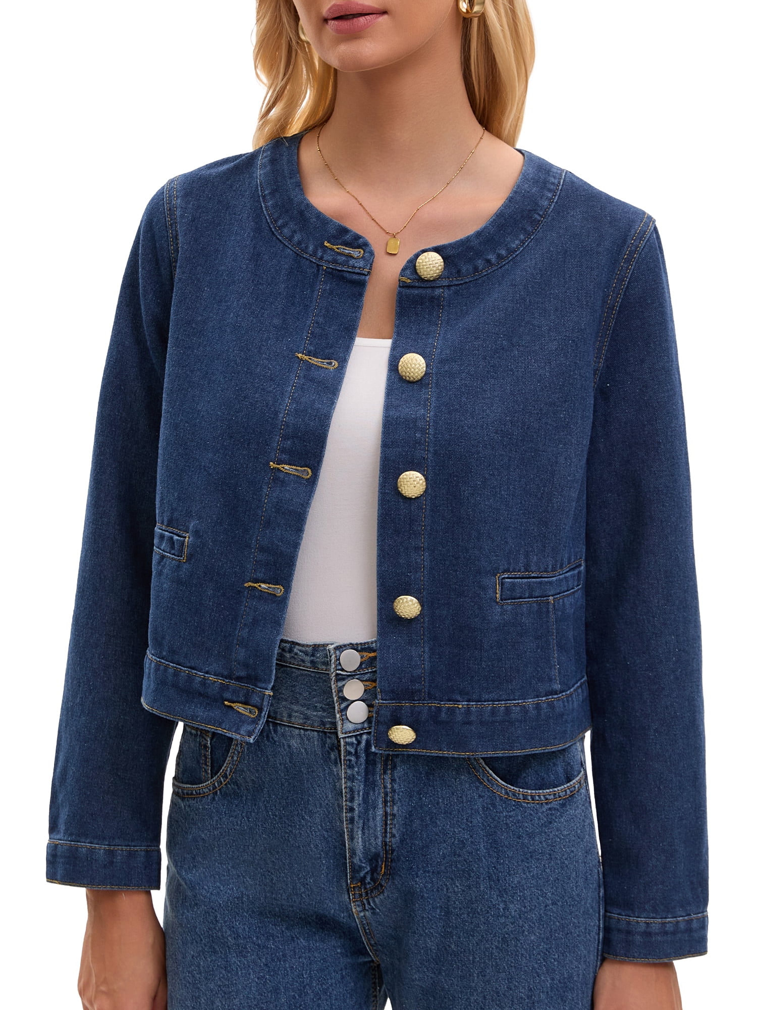 DARING DIVA Women's Collarless Long Sleeve Button Down Jean Jacket XL Dark Blue