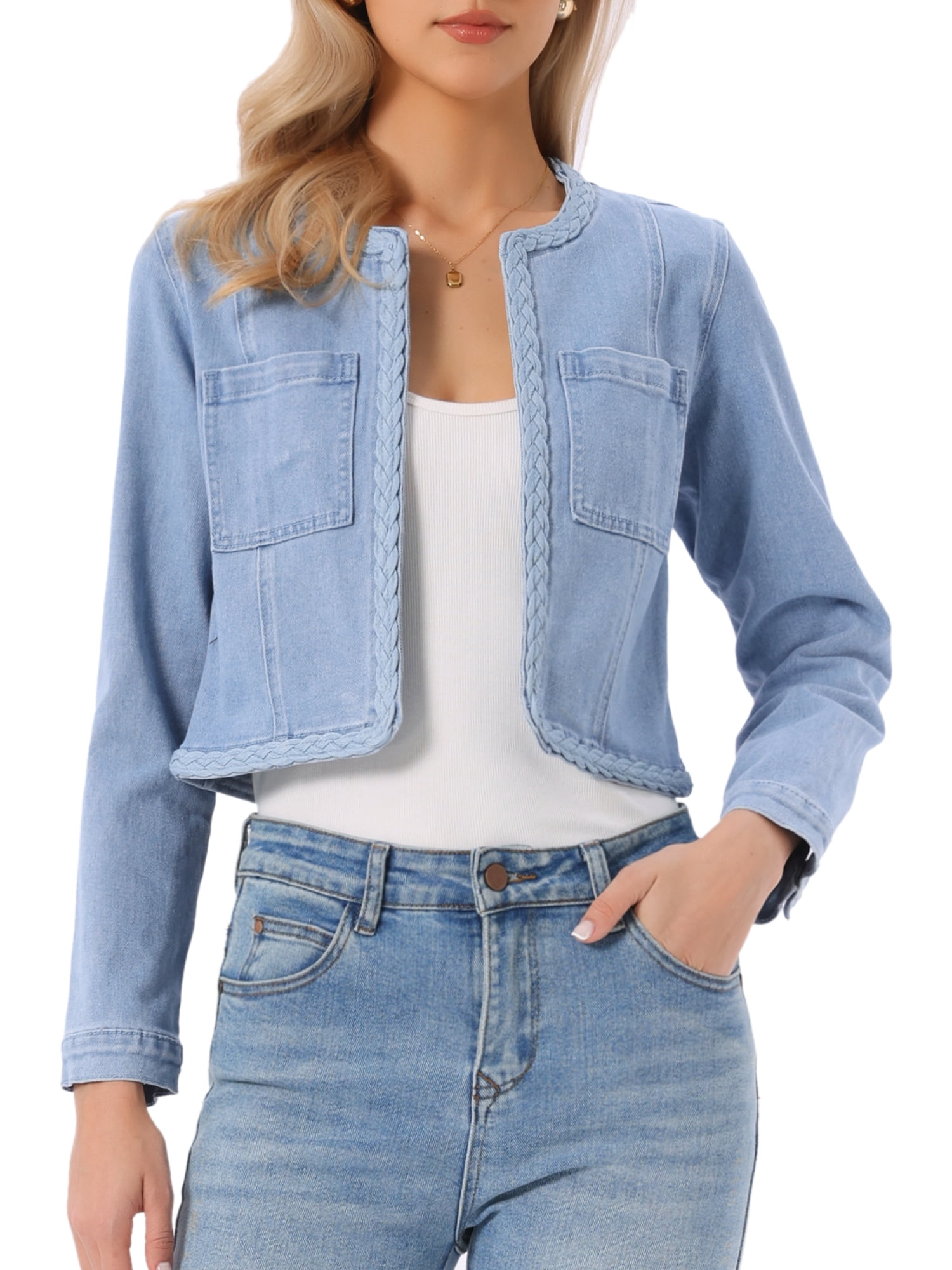 DARING DIVA Women's Collarless Long Sleeve Open Front Cropped Jean Jacket M Light Blue
