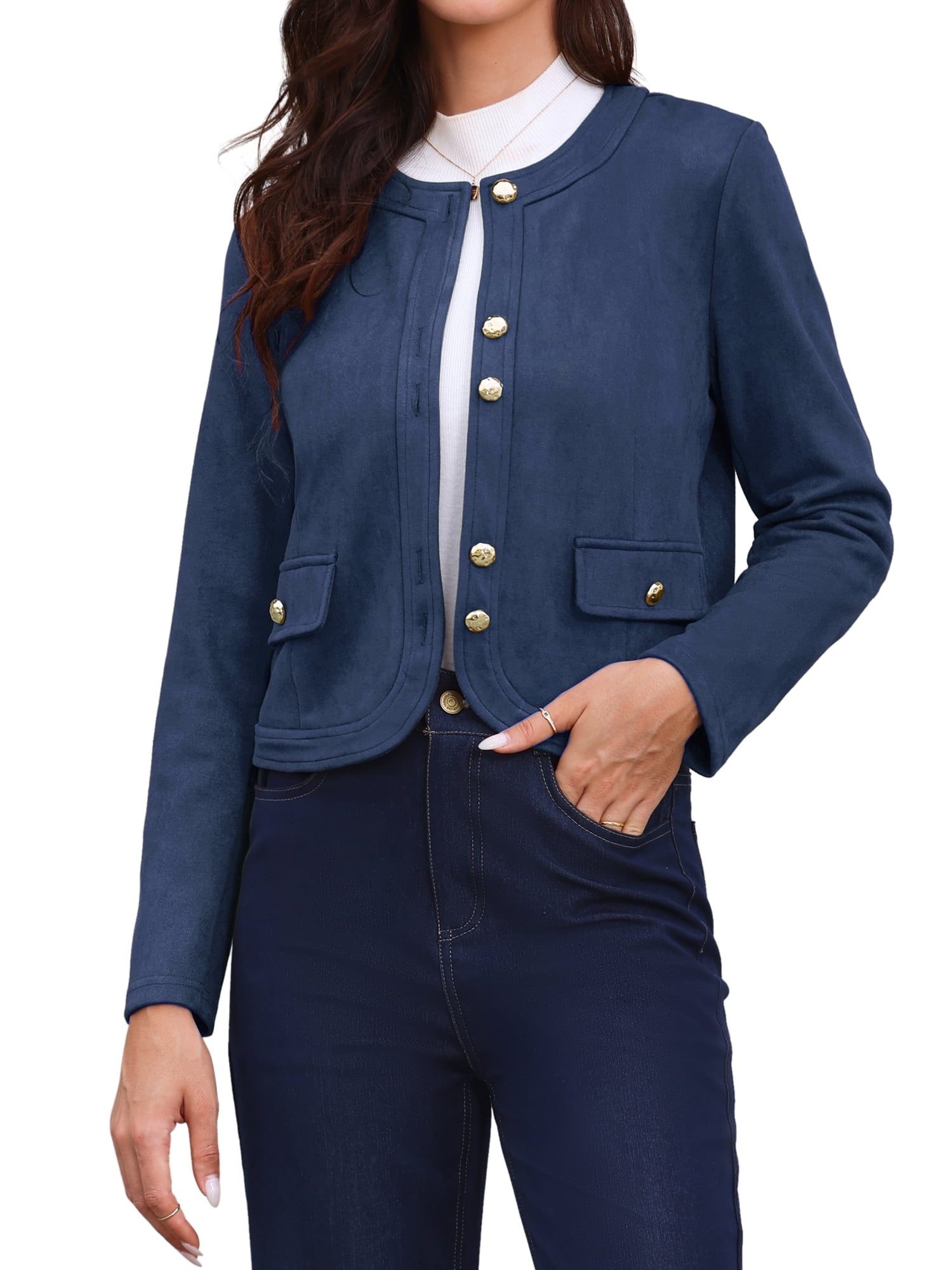 DARING DIVA Women's Collarless Long Sleeve Outerwear Faux Suede Jacket S Dark Blue