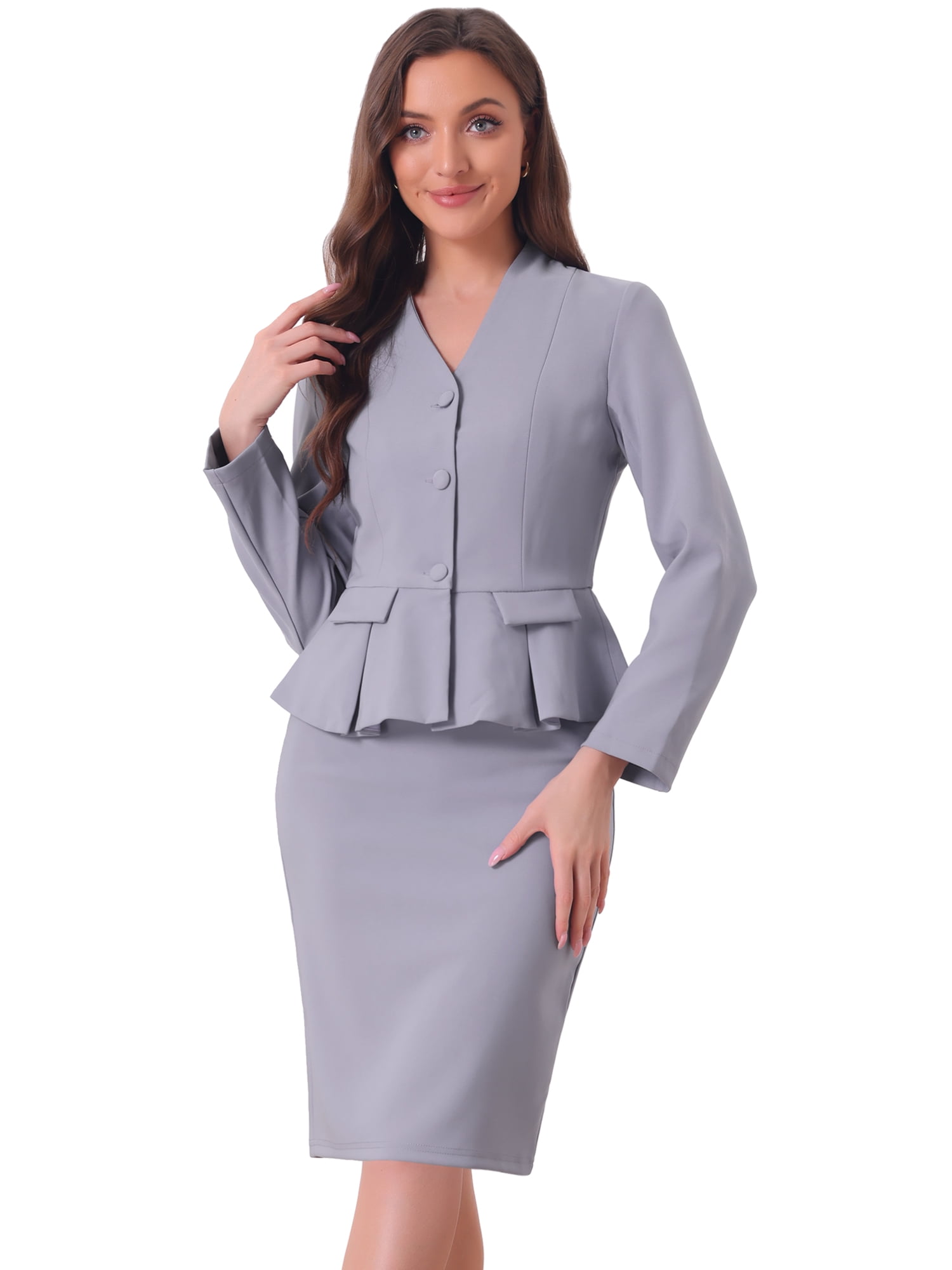DARING DIVA Women's Collarless Peplum Blazer Sheath Skirts 2 Pcs Suit Set S Gray Purple