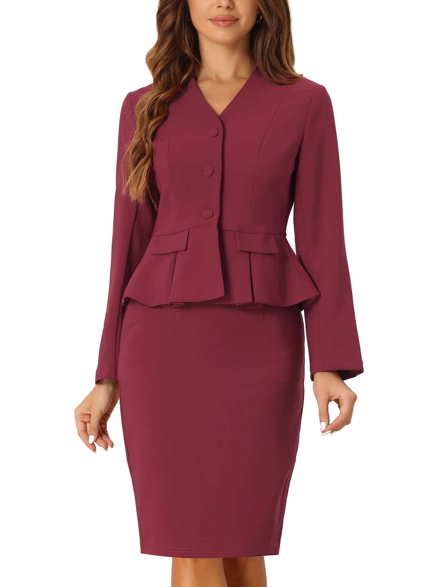 DARING DIVA Women's Collarless Peplum Blazer Sheath Skirts 2 Pcs Suit Set XL Dark Red