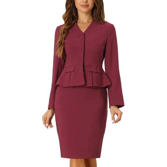 DARING DIVA Women's Collarless Peplum Blazer Sheath Skirts 2 Pcs Suit Set XL Dark Red