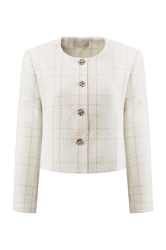 Women's Collarless Plaid Button Front Crop Tweed Jacket L Beige White