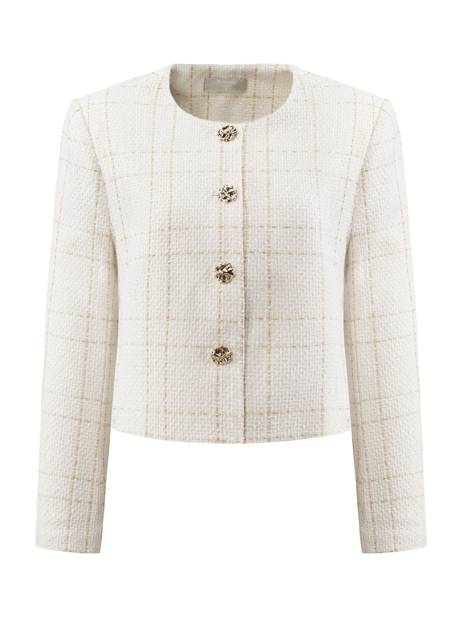 DARING DIVA Women's Collarless Plaid Button Front Crop Tweed Jacket M Beige White