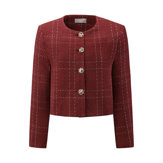 DARING DIVA Women's Collarless Plaid Button Front Crop Tweed Jacket S Red