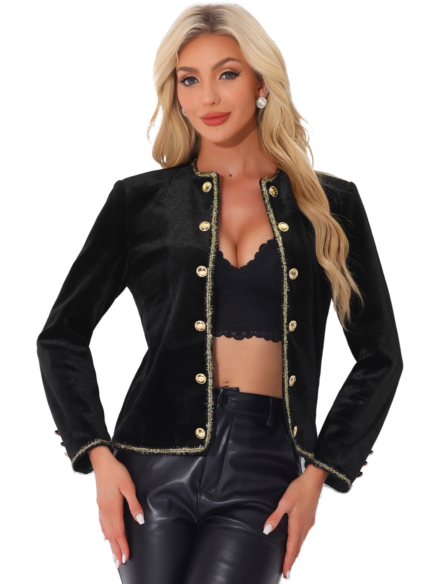DARING DIVA Women's Collarless Velvet Double Breasted Open Front Crop Blazer S Black
