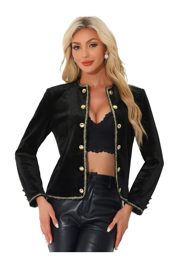 Women's Collarless Velvet Double Breasted Open Front Crop Blazer S Black