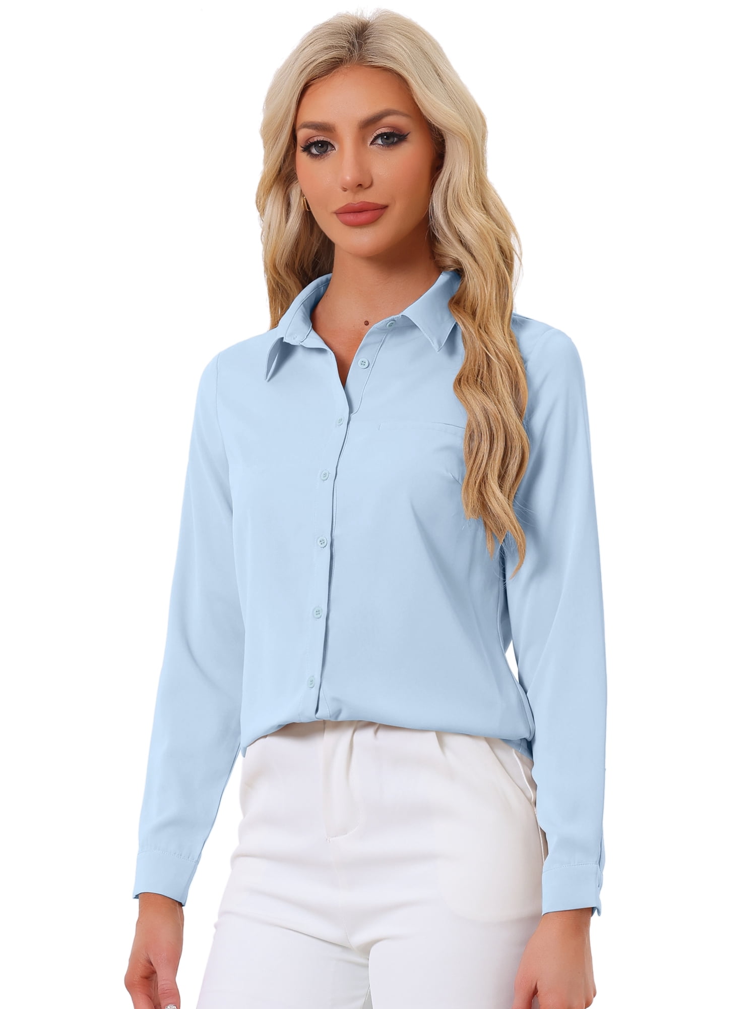 DARING DIVA Women's Color Block Button Down Long Sleeve Work Shirt L Solid Sky Blue