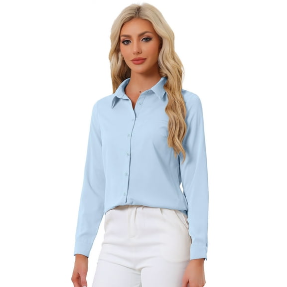 DARING DIVA Women's Color Block Button Down Long Sleeve Work Shirt L Solid Sky Blue