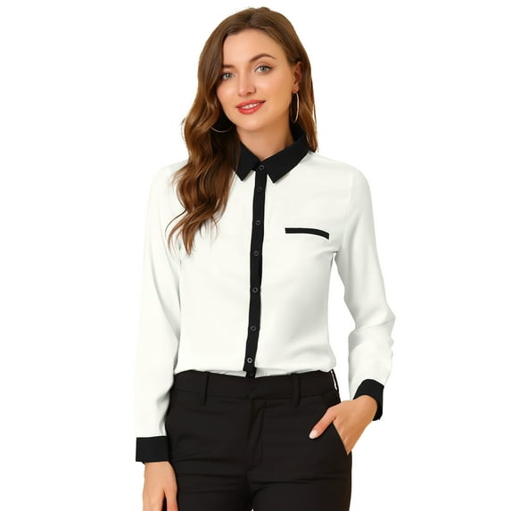 DARING DIVA Women's Color Block Button Down Long Sleeve Work Shirt L White