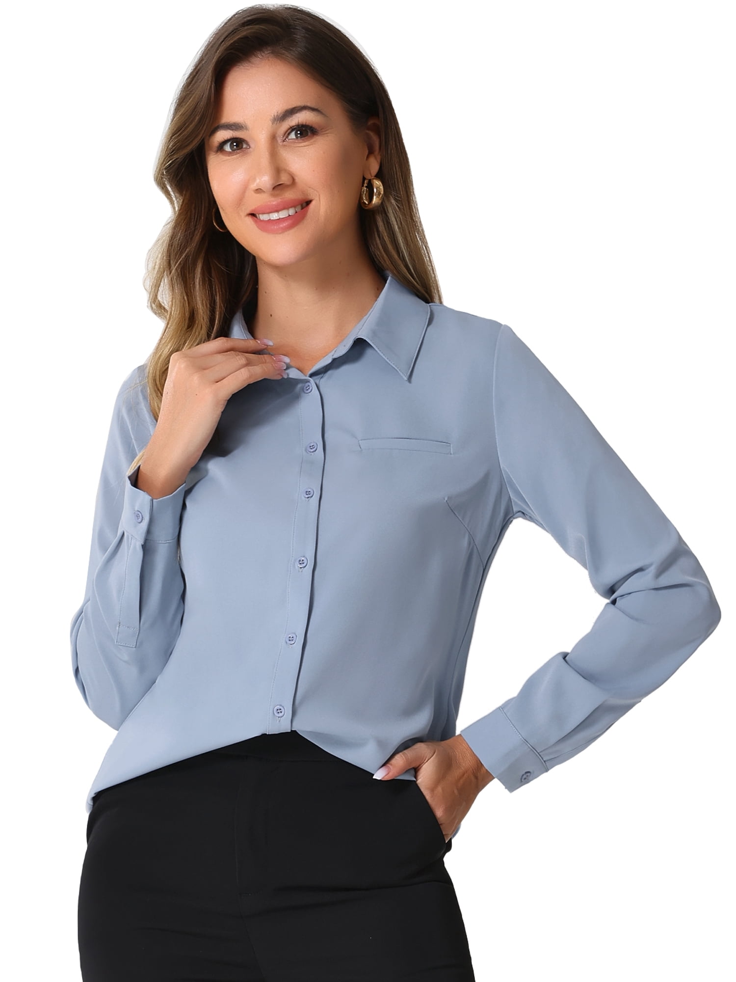 DARING DIVA Women's Color Block Button Down Long Sleeve Work Shirt S Solid Blue
