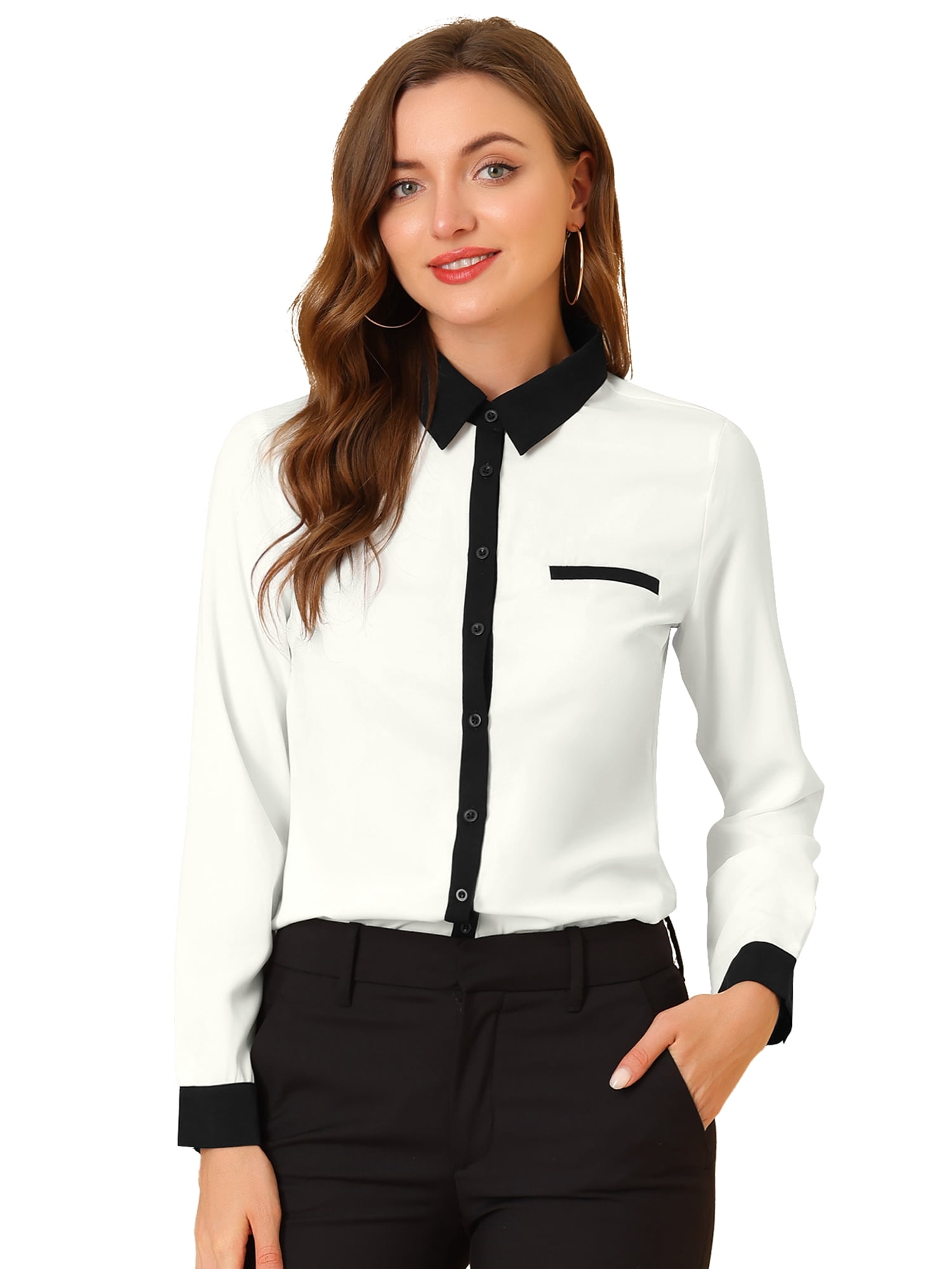 DARING DIVA Women's Color Block Button Down Long Sleeve Work Shirt S White