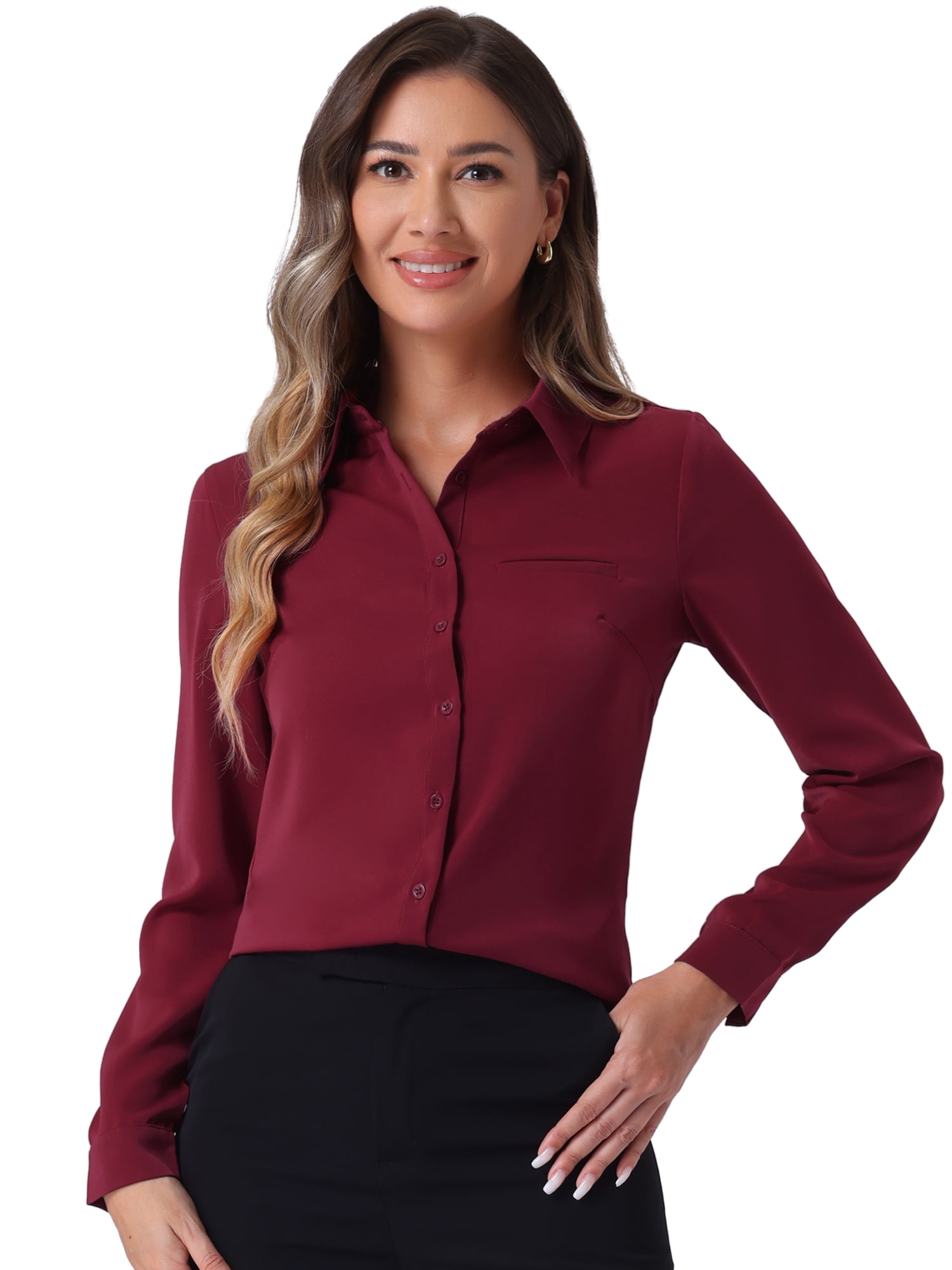 DARING DIVA Women's Color Block Button Down Work Shirt M Solid Wine Red