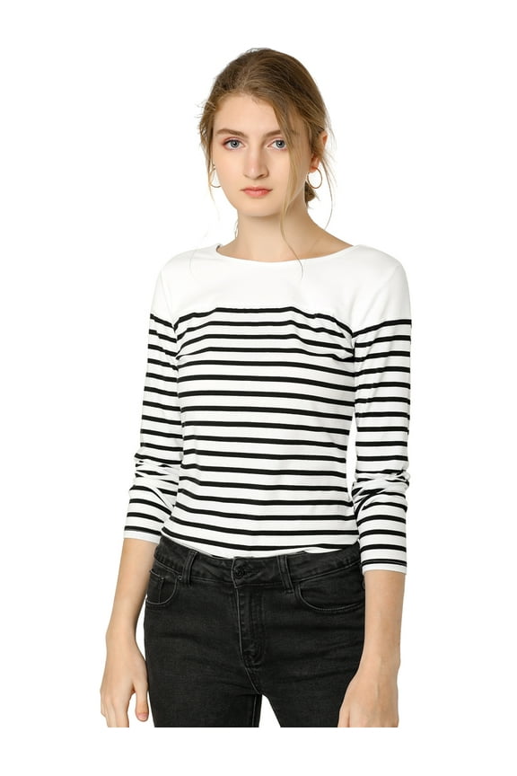 Women's Color Block Striped Knit Top Long Sleeves T-Shirt 2XL Black-White
