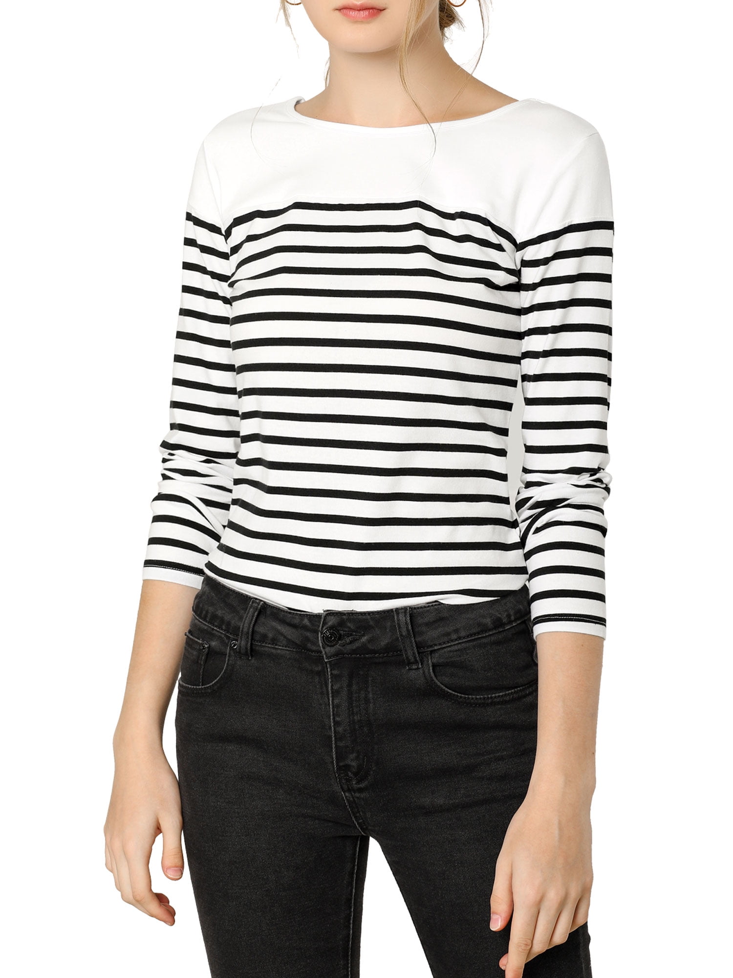 DARING DIVA Women's Color Block Striped Knit Top Long Sleeves T-Shirt L Black-White