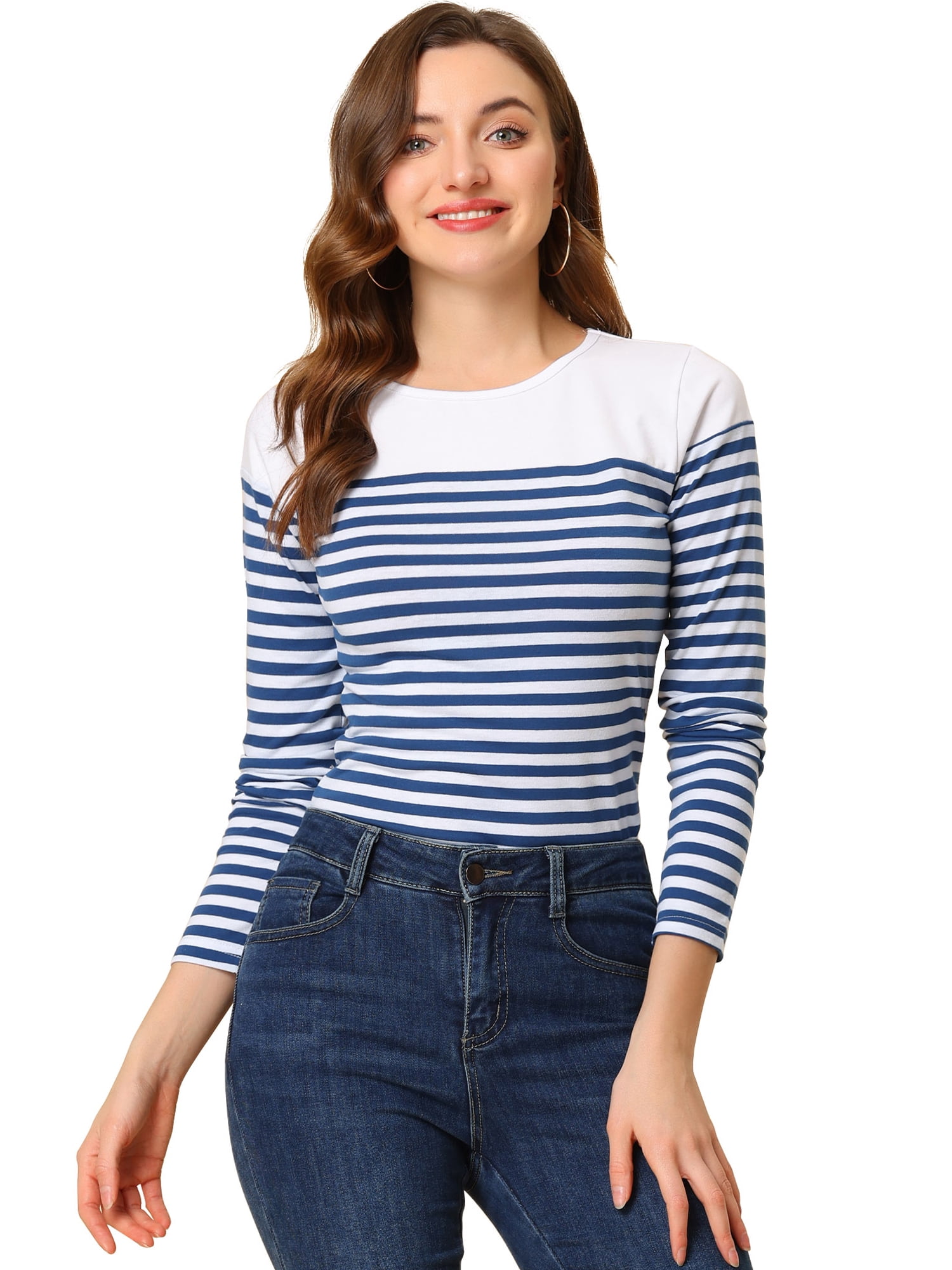 DARING DIVA Women's Color Block Striped Knit Top Long Sleeves T-Shirt L Blue White