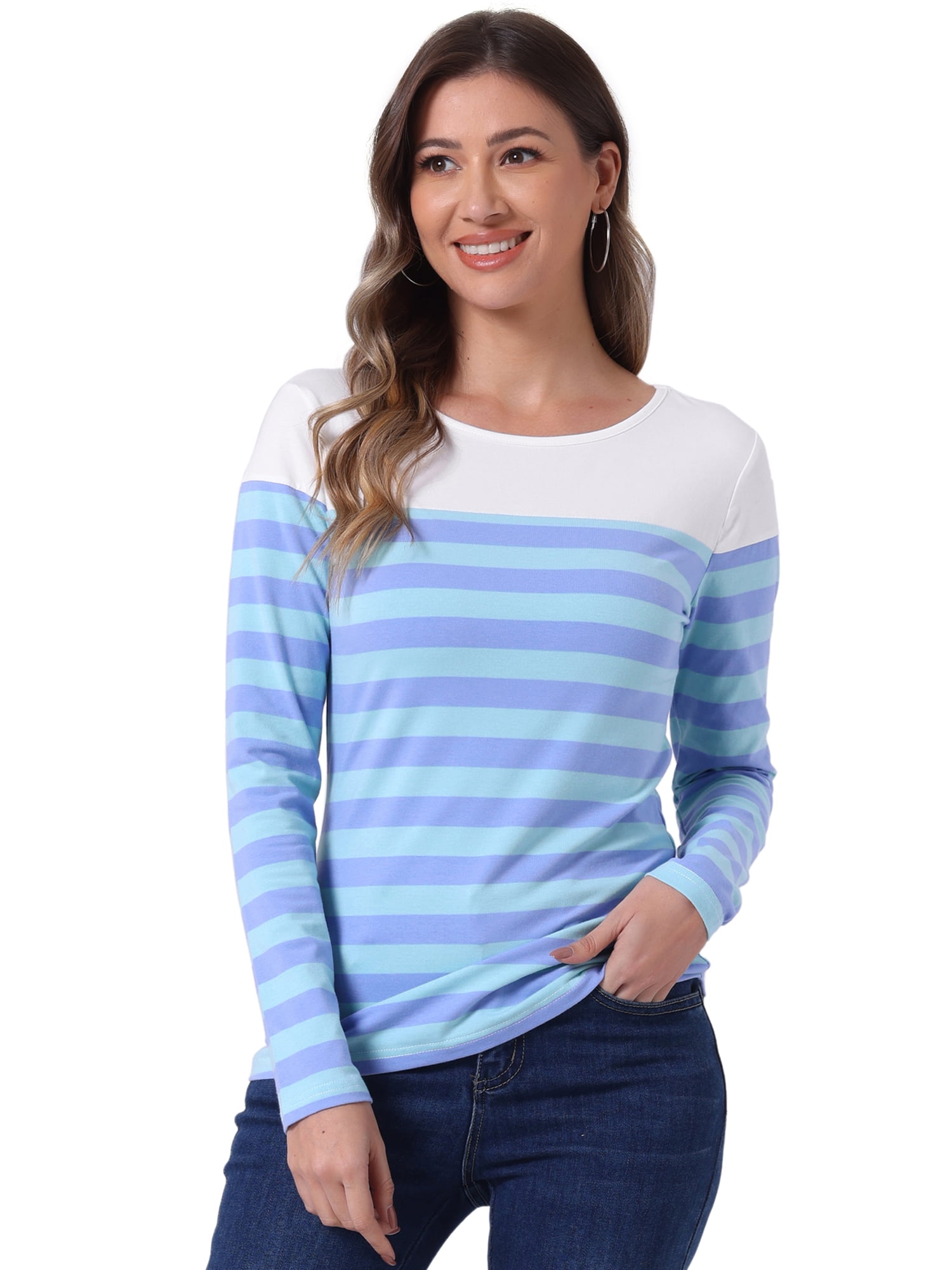DARING DIVA Women's Color Block Striped Knit Top Long Sleeves T-Shirt L Dark Light Blue