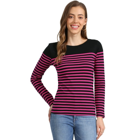 DARING DIVA Women's Color Block Striped Knit Top Long Sleeves T-Shirt L Rose Red Black