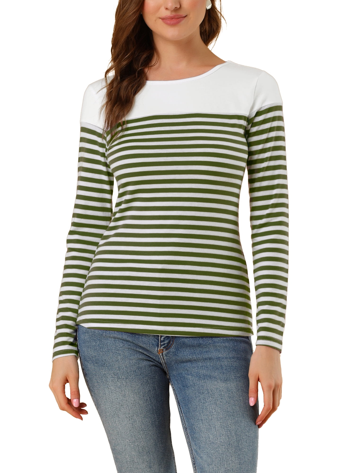 DARING DIVA Women's Color Block Striped Knit Top Long Sleeves T-Shirt M Army Green